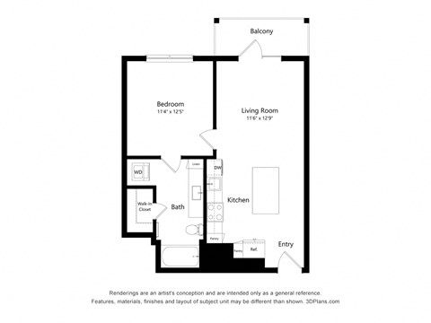 Floor plan for 1 bed, 1 bath, 653 sqft